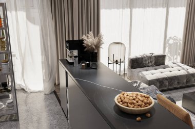 Modern apartman, Nuts, Kitchen Counter 'daki Kurutulmuş Bitkiler, Gün Işığı' nda, Blackish Open Kitchen 'ın içinde. Modern Biçim Ev Dekorasyonu
