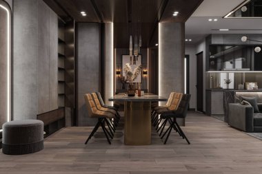 Şık ve Fonksiyonel Yemek Masası, Raflar ve Sandalyeler, Modern Tasarımda LED Işıklı Ahşap Tavan