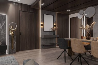 Şık Yemek Sadeliği Modern Konsol Masası ve Sandalyeleri Ahşap Dekorlu Temiz Tasarım