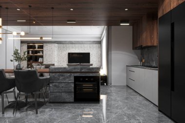 Mutfak tezgahının altında elektrikli fırın ve Mutfakta Hardwood Tavan, Buzdolabı ve Dolap