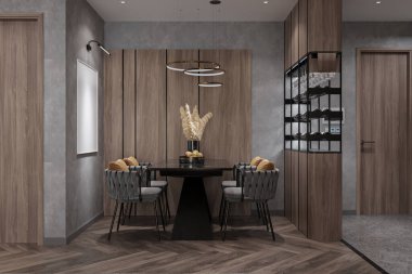 Şık Yemek Sandalyeleri ve Masası, Masada Sallanan basit bir avize, Bar raflarının yanında, Laminated Floor. Yemek İçi