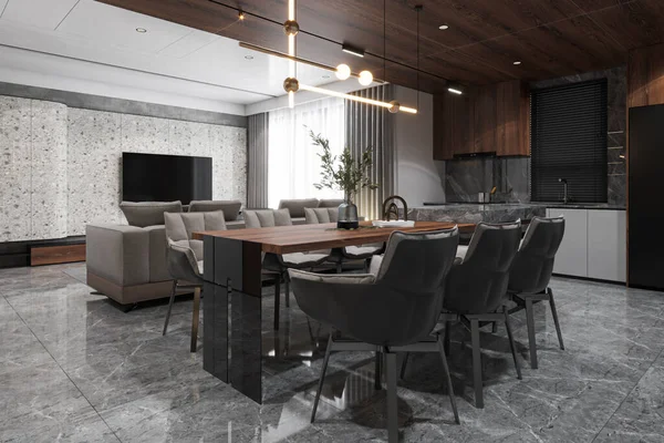 Complete View Dining Cum Living Room Luxurious House Interior Design — Fotografia de Stock