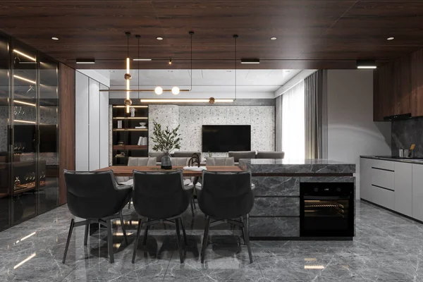 Blick Auf Das Esszimmer Und Die Offene Küche Luxuriöse Möbel — Stockfoto