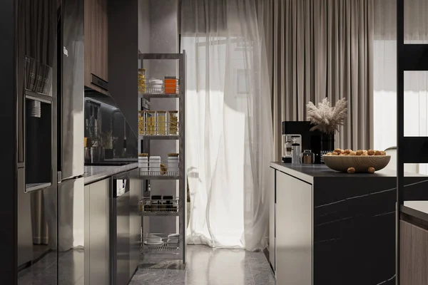 Black Glow Concept Modern Kitchen Interior Illustration — Stock Photo, Image