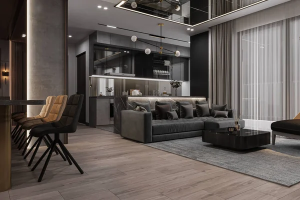 Interior Enegrecido Apartamento Moderno Com Mobiliário Moderno Piso Madeira Dura — Fotografia de Stock