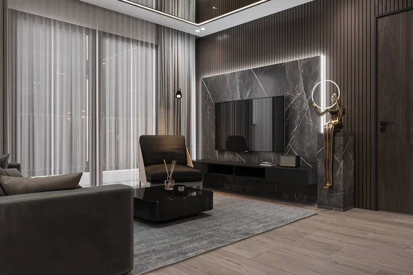 Elegante Expanse Luxury Living Room Design Mit Skulpturen Fernseher Auf — Stockfoto