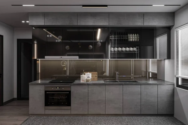 实用的现代厨房室内设计与有组织的公用设施和弗里奇黑色镜框 — 图库照片
