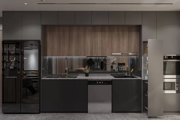 Сучасний Інтер Кухонного Простору Стильними Посудом Холодильником Зосередженим Освітленням — стокове фото
