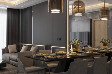 Chic Dining Escape Modern Masa, Sandalyeler ve Endüstriyel Biçim Aydınlatma, 3D görüntüleme