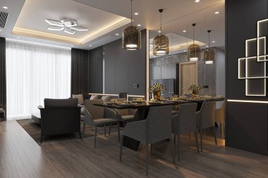 Functional Beauty Dining Cum Living Space with Modern Furnishings, White Ceiling with Florida LED Light, Pendant Chandelier Hanging on the Ceiling over the Dining Table, 3D rendering