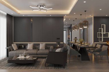 Sanayi stili iç mimari siyah gelecek, Drak Gray kanepesinde beyaz yastıklar yemek masasının yanında, 3D görüntüleme