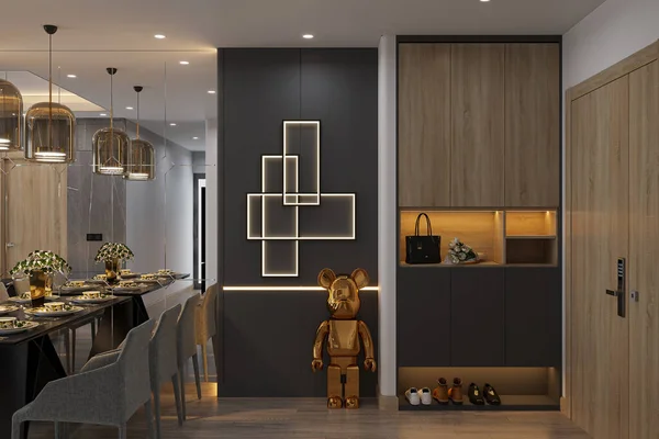 Fantastic and Luxurious idea for a Foyer Space with a Statue, LED lighting Shoe Cabinet, 3D rendering, 3D Illustration
