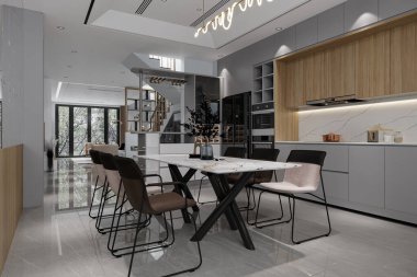 Akşam Yemeği Alanında Beyaz Mermer Masalı Şık ve Rahat Yemek Koltukları