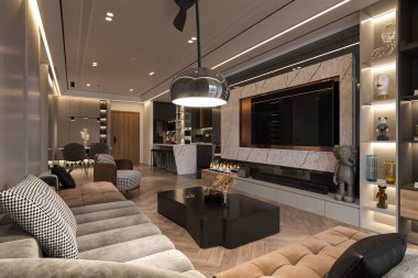 Tavanda asılı özel bir Chandelier ve oturma odasında ışık.