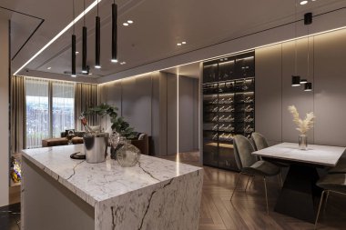 Mutfak tezgahında bir tencerede iç mekan bitkisi, modern stil iç mekan.