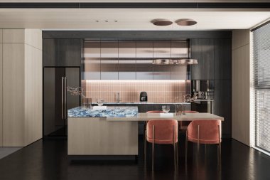 Siyah kaplamalı, içi boş yemek odası tezgahlı yemek masası ve Pembe Kadife Cıvıl cıvıl