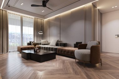 Şık Gri ve Kahverengi Özellikler Şık ve Rahat Koltuk, lamine döşeme, Kol Koltuğu, modern oturma odasındaki siyah kahve masası