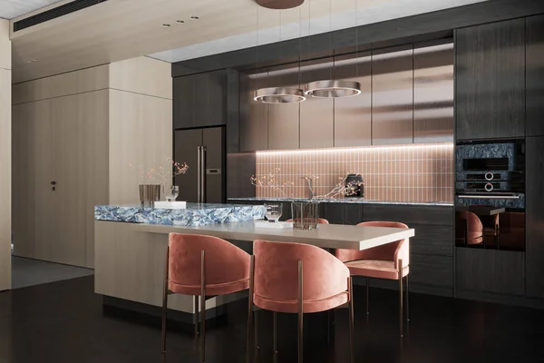 Fusão Elegante Combinando Jantar Cozinha Viver Com Flair Moderno Espaçoso — Fotografia de Stock