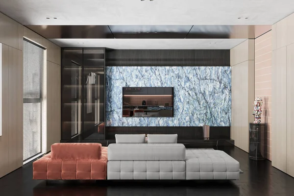 Gleaming Grandeur Luxury Living Room Design Modułową Sofą Pop Color — Zdjęcie stockowe