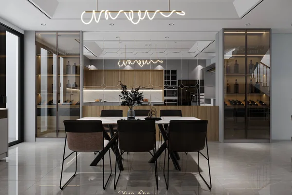 Industrial Style Dining Leeren Raum Interieur Einfache Und Stilvolle Kronleuchter — Stockfoto