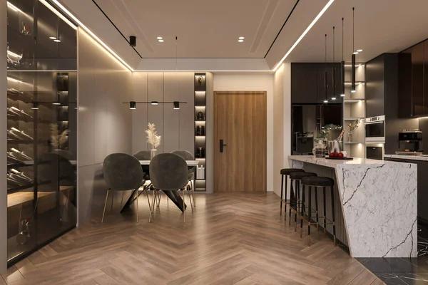 Modern Fusion Combining Dining Keuken Ruimtes Met Moderne Stijl Rendering — Stockfoto