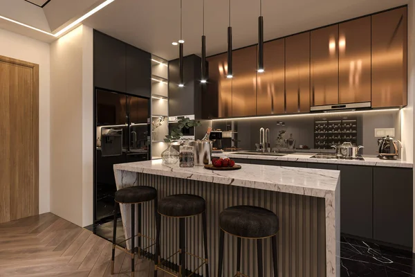 インテリアデザインのブラックスツール付きエレガントなホワイトアイランドのオープンキッチン — ストック写真