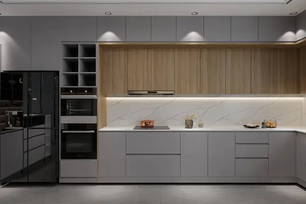 Eenvoudige Elegante Keuken Interieur Met Witte Houten Kast — Stockfoto