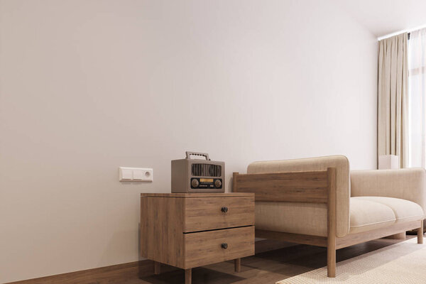90's Radion on the console table beside White Stylish Sofa