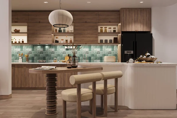 Cenově Dostupný Dřevěný Nábytek Jídelně Otevřená Kuchyň Minimalistickým Stylem Interiéru — Stock fotografie