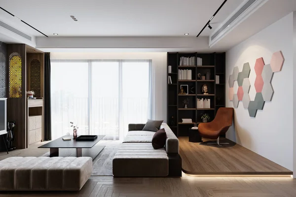 Schöner Wohnraum Mit Einem Kleinen Bücherregal Fenster Und Einem Stilvollen — Stockfoto