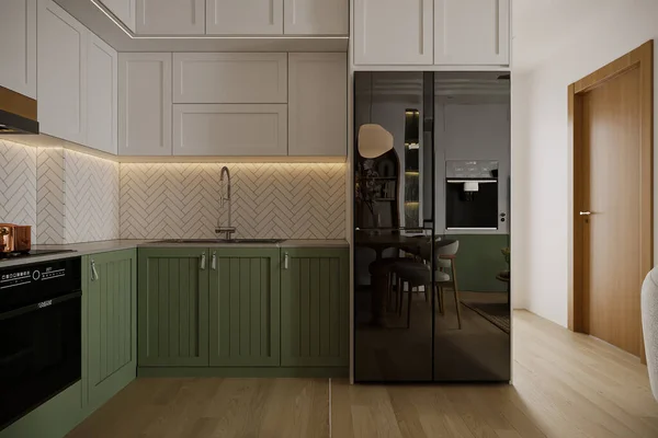 Interior Dari Minimalis Open Kitchen Dengan White Dan Green Ava — Stok Foto