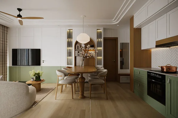 Interiér Minimalistické Otevřené Kuchyně Bílou Zelenou Ava Dřevěný Nábytek Vedle — Stock fotografie