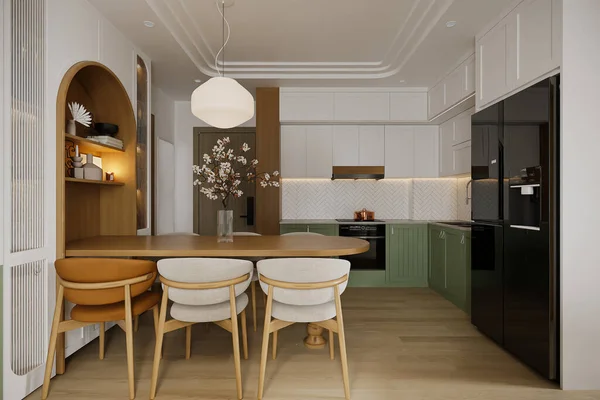 Wnętrze Minimalistycznej Otwartej Kuchni Białą Zieloną Avą Drewnianymi Meblami Obok — Zdjęcie stockowe