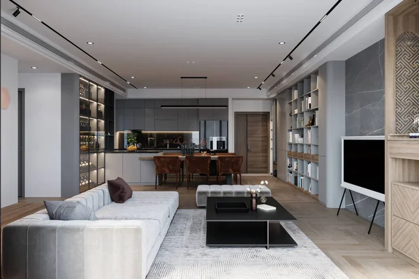 Panorama Des Modernen Wohnzimmers Mit Weißem Sofa Und Essecke Mit — Stockfoto