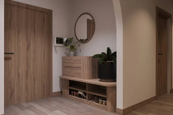 Simple wooden interior design for Foyer Space with Mirror, Shoe Cabinet, In door plants, 3D rendering