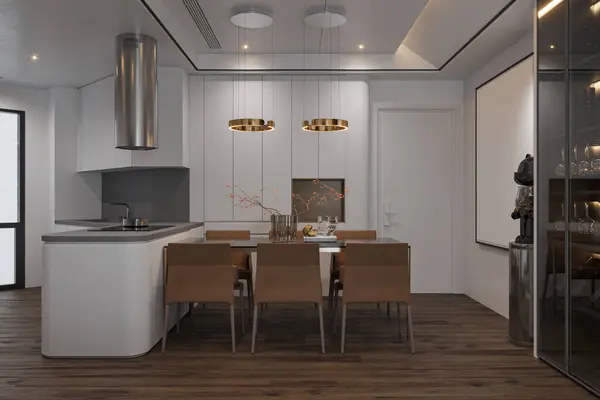 居心地の良いモダンな家具 3Dレンダリングのスマートなオープンキッチンとダイニングエリアのための白い装飾 — ストック写真