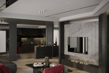 Black decoration With Luxurious Stuff Living Cum Kitchen interior, 3D rendering