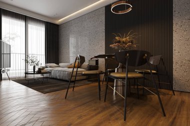 Endüstriyel iç tasarım stili olan bir apartman dairesinde. Sofra, yemek takımı, döşeme, üç boyutlu döşeme.