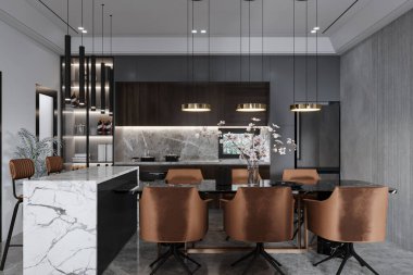 Açık mutfak ve yemek odasının içi Cozy ve Eforless Stuff ile dekore edilmiş, tezgahta ve masada asılı duran kolye ışıkları, 3D