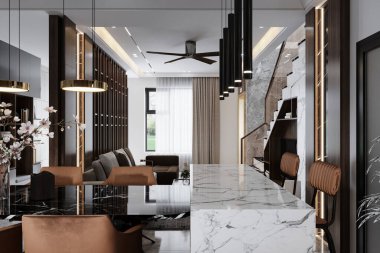 Açık Mutfak ve Yemek Yeri 'nin modern iç tasarımı, Mutfak Adası' na eklenmiş yemek masası, 3D