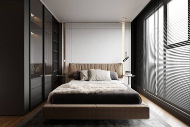 Panoramik pencere ve yatağın yanındaki siyah dolap akıllı bir yatak odasında.