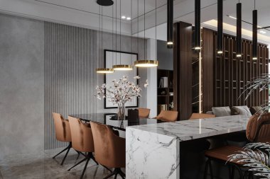 Yemek salonunun modern iç tasarımı, yemek masasında çiçekli vazo, mutfak tezgahına bağlı, 3D.