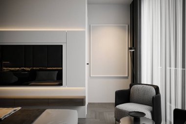 Televizyonlu beyaz TV montajcısı, duvarında beyaz çerçeve, ve siyah kontrol koltuğunun yanında duran ışık, 3D