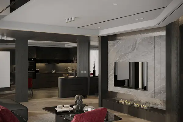 Black Decoration Luxurious Stuff Living Cum Kitchen Interior Rendering — Stockfoto