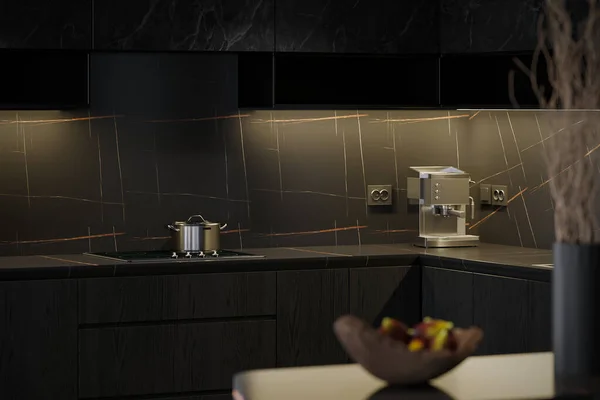 Black interior in modern kitchen with smart technology, 3D rendering
