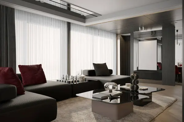 Schwarzes Modulares Sofa Vor Einem Großen Fenster Tisch Der Mitte — Stockfoto