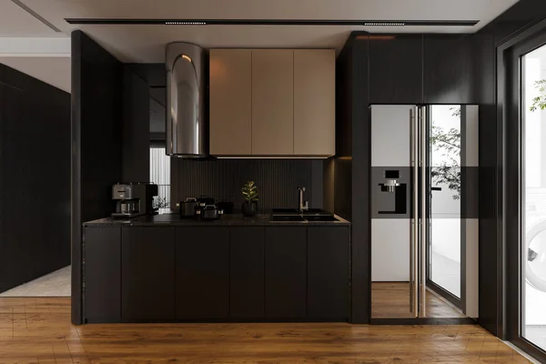 Black Electric Open Keuken Interieur Met Slimme Technologie Rendering — Stockfoto