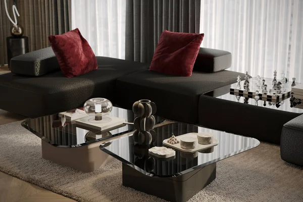 Exclusive Black Sofa With Red Pillows, Chess display next to Sofa and center table, 3D rendering