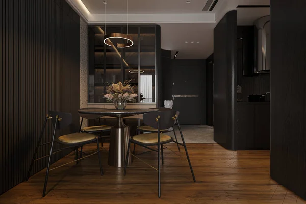 工业风格的室内设计 配有简单时尚的餐椅和餐桌 3D渲染 — 图库照片