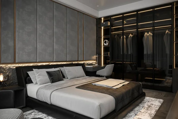 Interieur Des Modernen Schlafzimmers Mit Stilvollem Schwarzem Bett Hellgrauen Kissen — Stockfoto